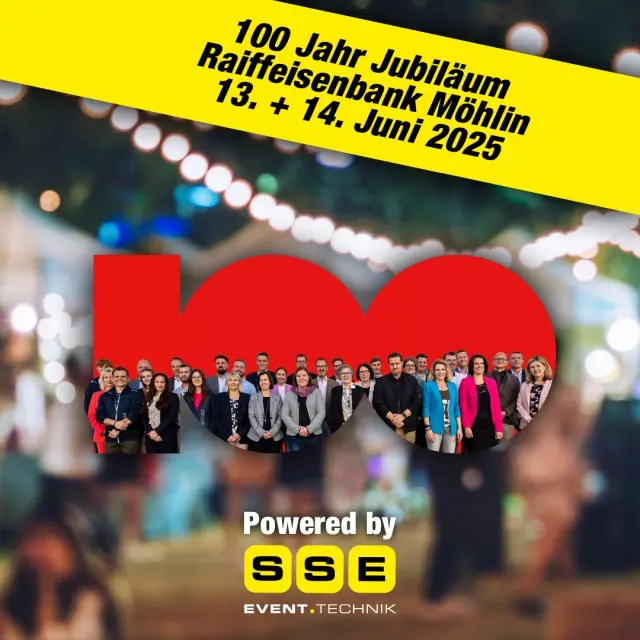 100 Jahre Raiffeisen Möhlin – Wir feiern mit euch! - Am 13. und 14. Juni 2025 ist es soweit: Raiffeisen Möhlin feiert sein 100-jähriges Jubiläum!  Wir von der SSE Eventtechnik GmbH sind stolz, diesen besonderen Anlass im Full-Service zu begleiten – inklusive der zuverlässigen Stromversorgung für ein reibungsloses Fest!
